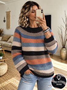 Weeklong Atasan Sweater Rajut Longgar Leher Bulat Minimalis Kasual Serbaguna Retro Warna Blok Warna untuk Wanita Ukuran Besar Musim Gugur/Dingin - MultiWarna - View 4