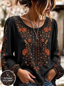 Selamara 女款花卉刺繡圓領長袖休閒襯衫 - 彩色 - 查看 4