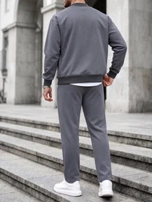Manfinity CasualCool Men's Colorblock Baseball Collar Long Sleeve Jacket And Pants Casual Daily Set - Dark Grey - View 2