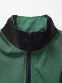 SHEIN 青少年男孩 2件套街頭風配色立領拉鍊防風夾克與對比滾邊抽繩寬腿慢跑褲休閒運動套裝 - 綠色 - 查看 3