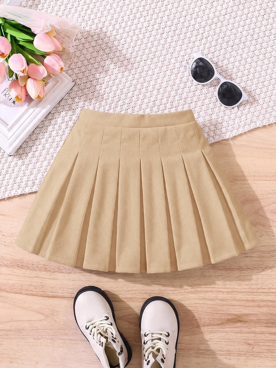 SHEIN 女童時尚百搭梭織純色百褶修身休閒裙 - 卡其色 - 查看 1