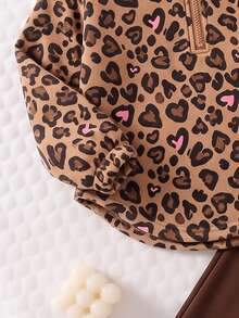 Girls 2 Pieces Set, New Autumn/Winter Brown Leopard Print Half-Zip Stand Collar Sweatshirt With Curved Hem And Elastic Waist Leggings, Sweet Casual Style - Multicolor - View 6