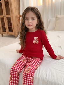 2pcs/Set Young Girl Red Ribbed Bear Print Bow Long Sleeve Top And Ribbed Bear Doll Long Pants Pajama Set - Red - View 7