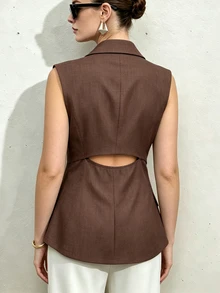 Linhara CURVE Women's Plus Size Solid Color Textured Fabric Double Layer Collar Sleeveless Elegant Versatile Casual Blazer - Brown - View 2