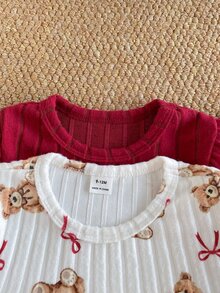 SHEIN 女嬰秋季4件套｜可愛貓咪愛心綠色與杏色波點荷葉邊長袖上衣＋長褲，休閒親子套裝 - 紅色 - 查看 7