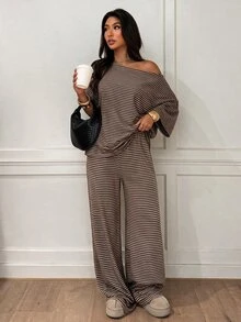 Siren Gaze 95%棉女款寬鬆單肩短袖T恤與長褲兩件套，條紋長褲套裝，女款休閒套裝 - 彩色 - 查看 3