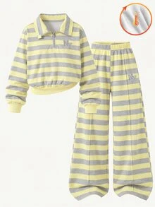SHEIN 青少年女孩長袖抓絨秋季套裝 2件/套 返校季 酒紅色紐約字母圖案立領衛衣與長褲套裝 - 黃色 - 查看 4