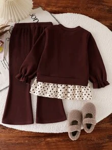SHEIN 女童 2 件套，秋季/長袖紋理蝴蝶結上衣配波點下擺與喇叭褲，甜美可愛日常穿搭，柔軟針織布料棕色上衣 - 棕色 - 查看 2