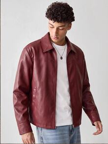 SWAVVY Men's Elegant Zipper Long Sleeve PU Material Jacket - Burgundy - View 2