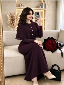 Modelyn Dark Red Pullover Top With Long Sleeve Fitted Dress, Elegant Fashionable Lady Style, Romantic Lace Patchwork, Versatile Plus Size 2 Pieces Set - Red Violet - View 1