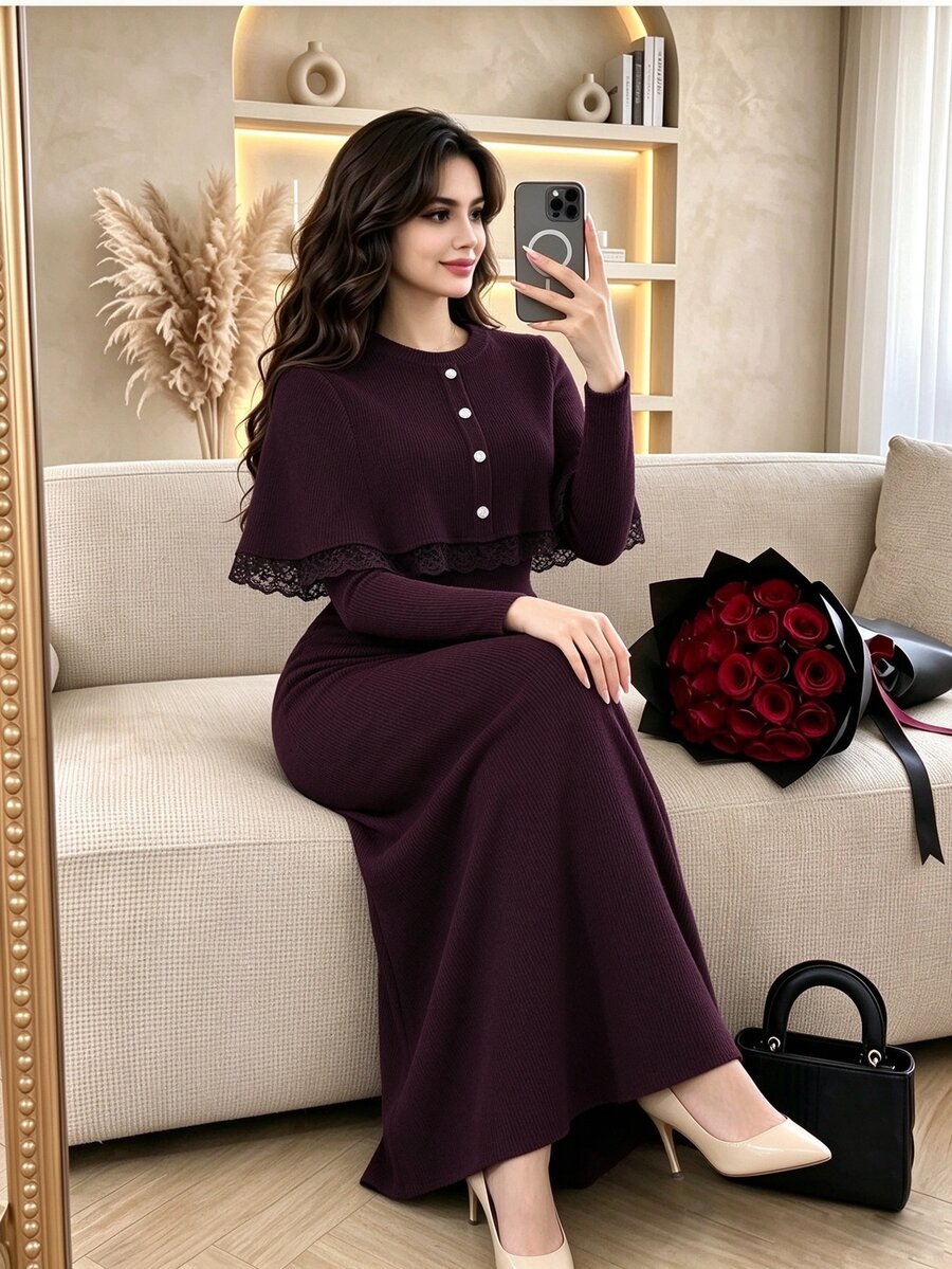 Modelyn Dark Red Pullover Top With Long Sleeve Fitted Dress, Elegant Fashionable Lady Style, Romantic Lace Patchwork, Versatile Plus Size 2 Pieces Set - Red Violet - View 1