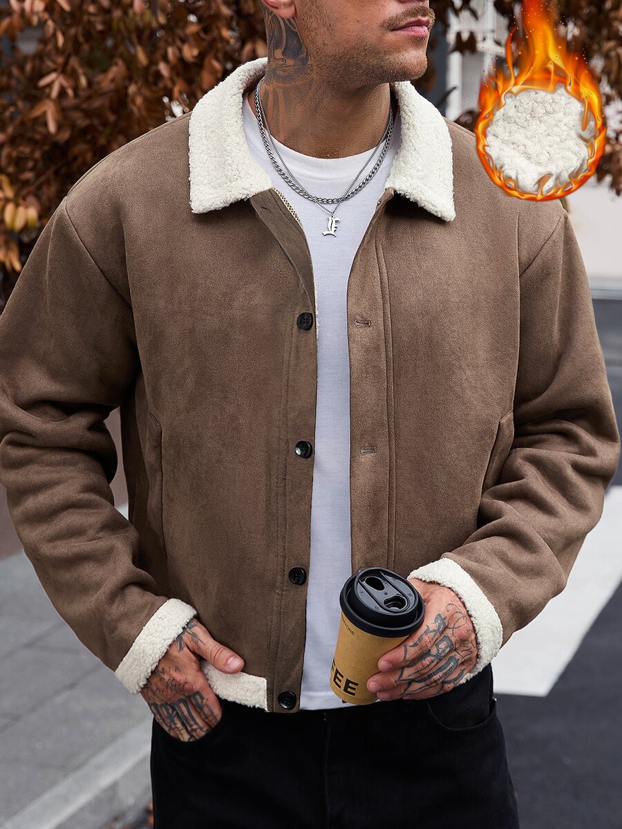Manfinity CasualCool Men's Brown Vintage Turn-Down Collar American Casual Loose Drop Shoulder Versatile Daily Commute Jacket - Brown - View 1