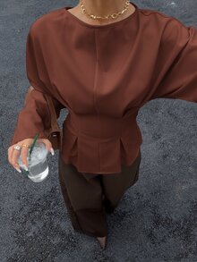 Siren Gaze 女款優雅通勤純色蝙蝠袖修身襯衫 - 咖啡棕 - 查看 1