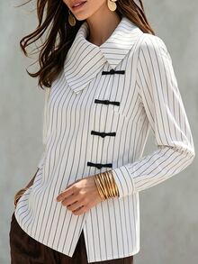 EMERY ROSE Plus Size New High Neck Long Sleeve Frog Button Decor Asymmetrical Hem Casual Daily Commute Striped Women's Blouse - Black and White - View 4