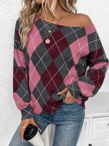 EMERY ROSE Women's Rhombus Pattern Asymmetric Shoulder Casual Daily Sweater - Multicolor - View 4
