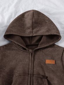 SHEIN Tween Girl 童女復古印花連帽運動套裝，短版拉鍊連帽外套 + 喇叭褲，休閒兩件式套裝，適合春季、秋季、冬季 - 咖啡棕 - 查看 3