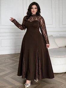 Modelyn Plus Size Women's Brown Knit Long Sleeve Lace Patchwork Cinched Waist A-Line Elegant Romantic Dress - Brown - View 1