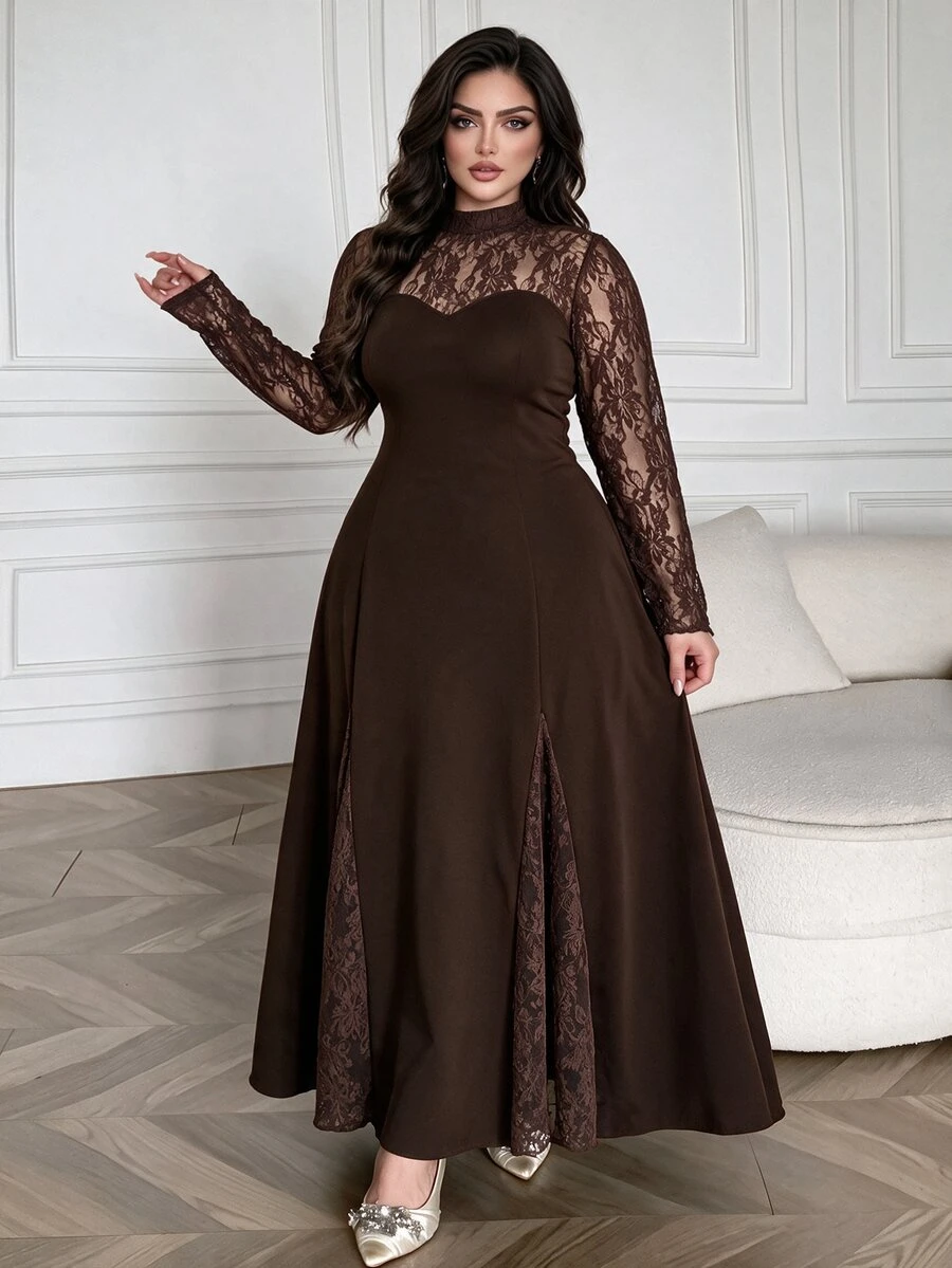 Modelyn Plus Size Women's Brown Knit Long Sleeve Lace Patchwork Cinched Waist A-Line Elegant Romantic Dress - Brown - View 1