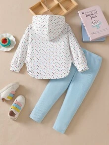 SHEIN Playful Pals 女童 2 件組可愛冰淇淋刺繡羅紋連帽上衣與淺藍色純色內搭褲套裝，甜美風 - 藍色 - 查看 2