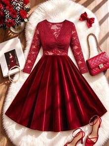 GlowEve CURVE A Plus Size Lady's Elegant Lace-Embroidered Autumn Long Dress - Red - View 1