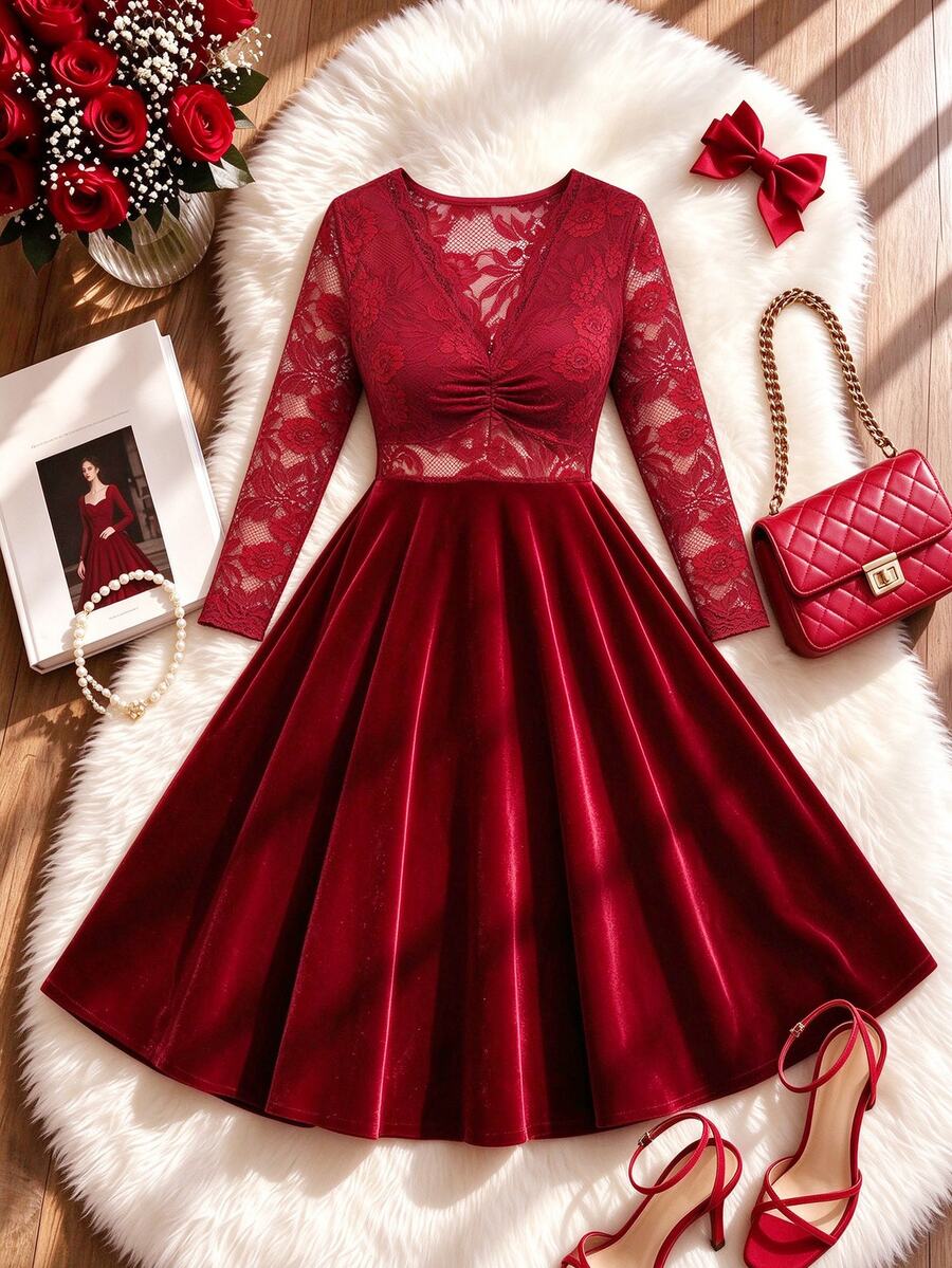 GlowEve CURVE A Plus Size Lady's Elegant Lace-Embroidered Autumn Long Dress - Red - View 1