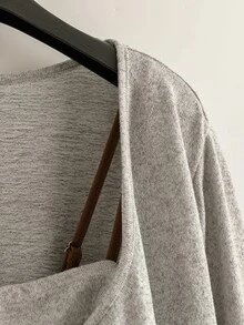 GlowEve CURVE Plus Size Fashion Casual Solid Coffee Brown Knit Cardigan, Front Button Closure, Contrast Letter Print Slim Fit Drawstring Decor, Elegant Casual Commute Daily Wear, Autumn Essential - Coffee Brown - View 10
