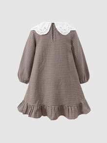 Young Girl 復古娃娃風刺繡領拼接格紋層次蛋糕裙 A字中長洋裝，秋冬時尚穿搭 - 棕色 - 查看 5
