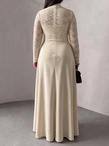 Modelyn Plus Size Women's Apricot Knit With Apricot Lace Trim Button Cinched Waist A-Line Elegant Romantic Dress - Apricot - View 2