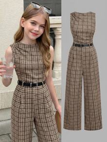 SHEIN Tween Girls Bodysuits & Kids Jumpsuits Plaid Retro Collegiate Style With Belt Design - Brown - View 1