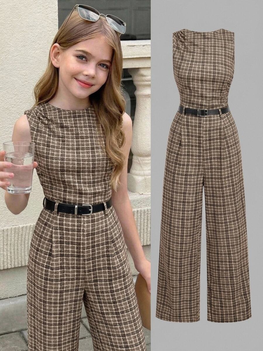 SHEIN Tween Girls Bodysuits & Kids Jumpsuits Plaid Retro Collegiate Style With Belt Design - Brown - View 1