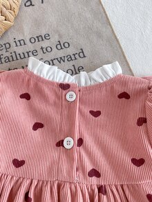 SHEIN Toddler Baby Girls A-Line Dress Sweet Pink Heart Print Bow Lace Ruffle Long Sleeve Ruffle Regular Birthday Party Summer Princess Holiday Corduroy - Pink - View 4