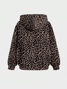 SHEIN Teen Girl Casual Loose Fit Leopard Printed Front Open Autumn Sweatshirt, Minimalist Design, Suitable For Leisure And Workout - Brown - View 5