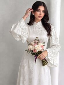 Yasmyna Stand Collar Asymmetric Front Handmade Frog Button Ruffle Flare Long Sleeve Cinched Waist Full Skirt Flattering Slimming Long Dress, White Subtle Jacquard Pattern, Suitable For Dating, Commuting, Daily Wear, Evening Party - White - View 6