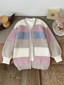 SHEIN Tween Girl Tween Girl Kids White School Back-To-School Color Block Knit Color Cardigan, Autumn Winter Long Sleeve Tween Girl Sweater, Back To School - Multicolor - View 2