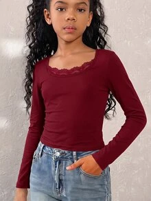 SHEIN 青少年女孩純黑色蕾絲圓領長袖修身短版T恤，休閒日常穿著 - 酒紅色 - 查看 1