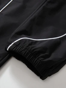 SHEIN 青少年男孩冬季2件套復古拼色立領拉鍊運動夾克與對比滾邊降落傘工裝束口休閒運動套裝 - 黑色 - 查看 4