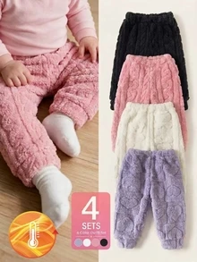 SHEIN 4套幼兒女童上衣與抓絨長褲，可愛甜美粉色紫色奶油色，愛心麻花紋理加厚冬季派對公主風寬鬆毛茸茸絨毛套裝 - 彩色 - 查看 5
