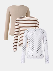 SHEIN 女童 3 件組上衣套裝，棕色條紋、白色波點、純色，條紋波點白色，舒適簡約優雅基本款休閒校園秋季 - 彩色 - 查看 2
