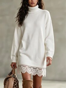 SHEIN Đầm len dệt kim viền ren ở gấu - trắng - Xem 4
