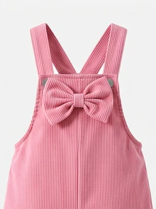 SHEIN Playful Pals Girls' Corduroy Overalls, New All-Season Style, Fashionable Sweet Design, Rose Red, 3D Large Bow Detail, Straight Leg Fit, Soft And Comfortable Fabric, Suitable For School, Commuting, Daily Outings, New All-Season Girls' Overalls - Hot Pink - View 4