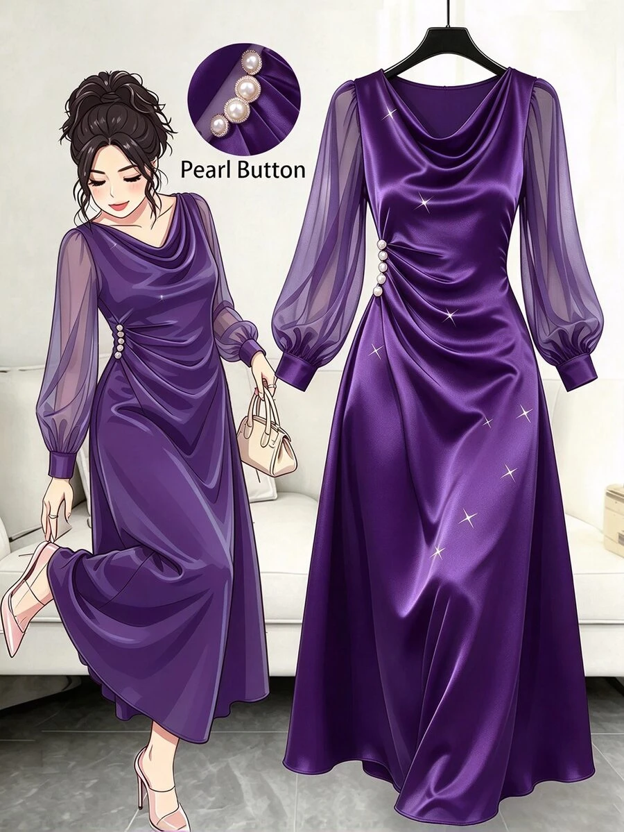 GlowEve CURVE Women's Solid Color Cowl Neck Pearl Button Decor Long Sleeve Elegant Dress Fall - Purple - View 1