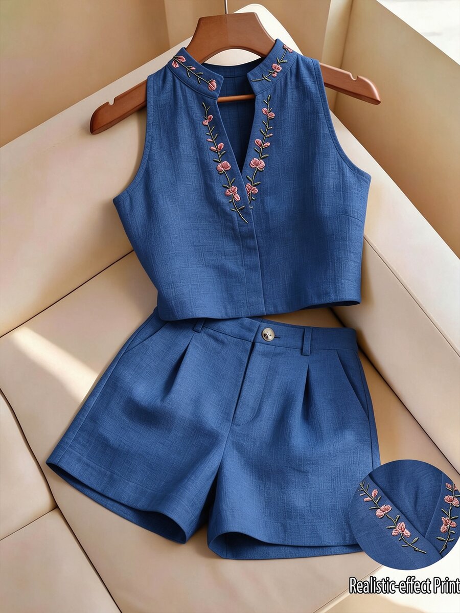 Selianne 女款夏季刺繡兩件套，亞麻質感無袖上衣短褲套裝，立領，日常通勤休閒優雅茶會度假 - 藍色 - 查看 1