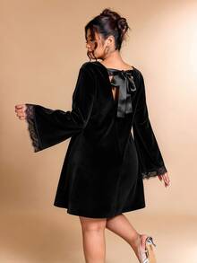 Cravure Women's Plus Size Autumn 1pc Back Bow Hollow Out Flared Sleeve Lace Cuff Loose A-Line Silhouette Mature Style Party Velvet Short Dress - Black - View 3