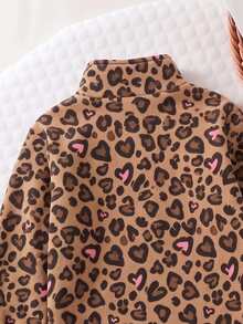 Girls 2 Pieces Set, New Autumn/Winter Brown Leopard Print Half-Zip Stand Collar Sweatshirt With Curved Hem And Elastic Waist Leggings, Sweet Casual Style - Multicolor - View 5