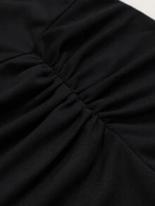 Cravure Plus Size Women's Minimalist Elegant Lace Trim Slit Ruched Asymmetric Neckline Solid Color Dress For Party, Date, Banquet, Cocktail, Wedding - Black - View 4