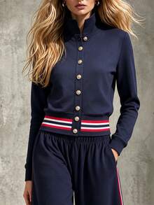 Trelyra Women's Single-Breasted Contrast Color Long Sleeve Top And Pants Casual Daily Set - Navy Blue - View 4