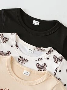 SHEIN 3套女嬰兒童休閒時尚豹紋蝴蝶、英文字母、印花條紋長袖柔軟3件套上衣與長褲，適合日常穿著，秋冬春季 - 黑色 - 查看 6