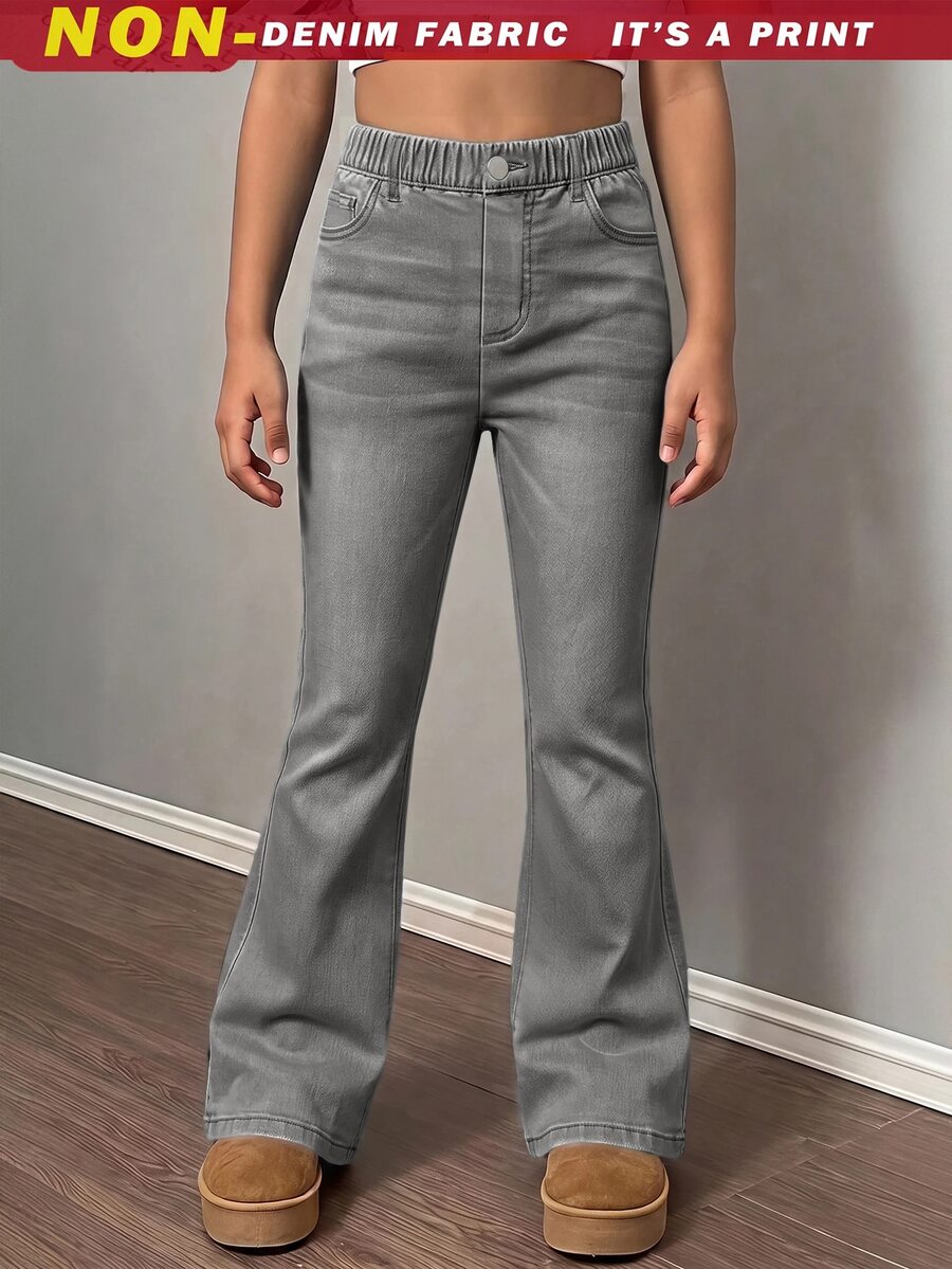 SHEIN Tween Girl 少女口袋鈕扣蝴蝶結刺繡圖案休閒百搭日常穿著丹寧感針織喇叭褲,舒適,4件組發1件 - 灰色 - 查看 1
