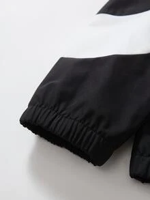 SHEIN 青少年男孩冬季2件套復古拼色立領拉鍊運動夾克與對比滾邊降落傘工裝束口休閒運動套裝 - 黑色 - 查看 6