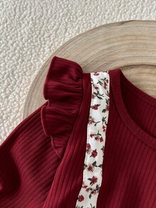 SHEIN Playful Pals 2件組女嬰連身衣與護腿襪套裝，甜美酒紅花卉蝴蝶結荷葉邊羅紋長袖圓領公主風休閒秋季假日款 - 酒紅色 - 查看 7